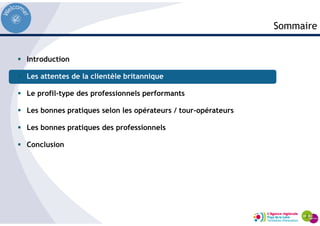 Introduction
Les attentes de la clientèle britannique
Le profil-type des professionnels performants
Les bonnes pratiques selon les opérateurs / tour-opérateurs
Les bonnes pratiques des professionnels
Conclusion
Sommaire
 