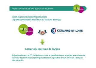 Professionnalisation des acteurs du tourisme
Inscrit au plan d’actions d’Anjou tourisme
La professionnalisation des acteurs du tourisme de l’Anjou
Acteurs du tourisme de l’Anjou
Anjou tourisme et la CCI de Maine-et-Loire se mobilisent pour proposer aux acteurs du
tourisme des formations spécifiques et locales répondant à leurs attentes à des prix
très attractifs.
 