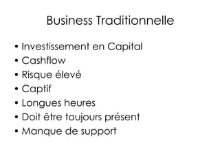 Business Traditionnelle Investissement en Capital Cashflow Risque élevé Captif Longues heures Doit être toujours présent Manque de support 