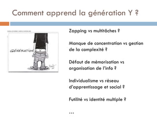Comment apprend la génération Y ?
Zapping vs multitâches ?
Manque de concentration vs gestion
de la complexité ?
Défaut de mémorisation vs
organisation de l’info ?
Individualisme vs réseau
d’apprentissage et social ?

Futilité vs identité multiple ?
…

 
