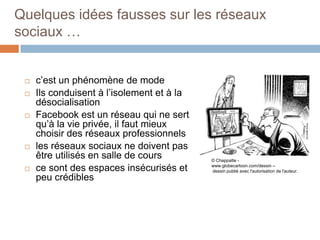 Quelques idées fausses sur les réseaux
sociaux …










c’est un phénomène de mode
Ils conduisent à l’isolement et à la
désocialisation
Facebook est un réseau qui ne sert
qu’à la vie privée, il faut mieux
choisir des réseaux professionnels
les réseaux sociaux ne doivent pas
être utilisés en salle de cours
ce sont des espaces insécurisés et
peu crédibles

© Chappatte www.globecartoon.com/dessin –
dessin publié avec l'autorisation de l'auteur.

 