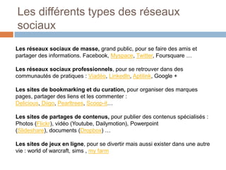 Les différents types des réseaux
sociaux
Les réseaux sociaux de masse, grand public, pour se faire des amis et
partager des informations. Facebook, Myspace, Twitter, Foursquare …
Les réseaux sociaux professionnels, pour se retrouver dans des
communautés de pratiques : Viadéo, Linkedln, Aptilink, Google +
Les sites de bookmarking et du curation, pour organiser des marques
pages, partager des liens et les commenter :
Delicious, Diigo, Pearltrees, Scoop-it…
Les sites de partages de contenus, pour publier des contenus spécialisés :
Photos (Flickr), vidéo (Youtube, Dailymotion), Powerpoint
(Slideshare), documents (Dropbox) …
Les sites de jeux en ligne, pour se divertir mais aussi exister dans une autre
vie : world of warcraft, sims , my farm

 