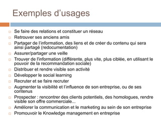 Exemples d’usages


















Se faire des relations et constituer un réseau
Retrouver ses anciens amis
Partager de l’information, des liens et de créer du contenu qui sera
ainsi partagé (redocumentation)
Assurer/partager une veille
Trouver de l'information (différente, plus vite, plus ciblée, en utilisant le
pouvoir de la recommandation sociale)
Distribuer et rendre visible son activité
Développer le social learning
Recruter et se faire recruter
Augmenter la visibilité et l’influence de son entreprise, ou de ses
contenus
Prospecter : rencontrer des clients potentiels, des homologues, rendre
visible son offre commerciale...
Améliorer la communication et le marketing au sein de son entreprise
Promouvoir le Knowledge management en entreprise

 
