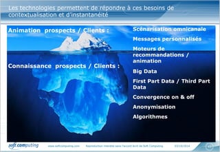 www.softcomputing.com Reproduction interdite sans l’accord écrit de Soft Computing 03/10/2014 
43 
Les technologies permettent de répondre à ces besoins de contextualisation et d’instantanéité 
Big Data 
First Part Data / Third Part Data 
Convergence on & off 
Anonymisation 
Algorithmes 
Scénarisation omnicanale Messages personnalisés Moteurs de recommandations / animation 
Animation prospects / Clients : 
Connaissance prospects / Clients :  
