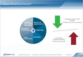 www.softcomputing.com Reproduction interdite sans l’accord écrit de Soft Computing 03/10/2014 
47 
Focus Marketing Interactif 
Stratégies d’interaction 
Définition des canaux interactifs 
Moteur de segmentation 
Reporting 
Exécution 
Zones d’interaction 
Intégration dans le PAC possible 
Cohérence de communication 
Contraintes organisationnelles 
Perte de proactivité  