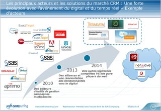www.softcomputing.com Reproduction interdite sans l’accord écrit de Soft Computing 03/10/2014 
54 
Les principaux acteurs et les solutions du marché CRM : Une forte évolution avec l’avénement du digital et du temps réel – Exemple d’acteurs 
2010 
Des éditeurs d’outils de gestion campagnes multicanales 
2013 
Des alliances et une réorientation des fonctionnalités vers le digital 
2014 Des suites logicielles complètes VS des pure players du web  