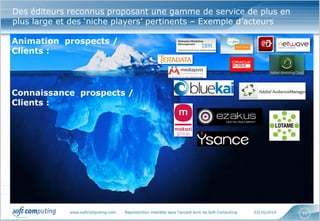 www.softcomputing.com Reproduction interdite sans l’accord écrit de Soft Computing 03/10/2014 
55 
Des éditeurs reconnus proposant une gamme de service de plus en plus large et des ‘niche players’ pertinents – Exemple d’acteurs 
Animation prospects / Clients : 
Connaissance prospects / Clients :  