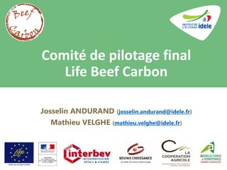 Comité de pilotage final
Life Beef Carbon
Josselin ANDURAND (josselin.andurand@idele.fr)
Mathieu VELGHE (mathieu.velghe@idele.fr)
 