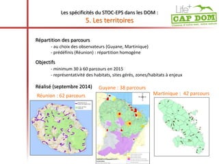 Les spécificités du STOC-EPS dans les DOM : 
5. Les territoires 
Répartition des parcours 
- au choix des observateurs (Guyane, Martinique) 
- prédéfinis (Réunion) : répartition homogène 
Objectifs 
- minimum 30 à 60 parcours en 2015 
- représentativité des habitats, sites gérés, zones/habitats à enjeux 
Réalisé (septembre 2014) Guyane : 38 parcours 
Réunion : 62 parcours Martinique : 42 parcours 
 