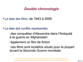 Double chronologie


    La date des films: de 1943 à 2008


    La date des conflits représentés:
       
        des ...