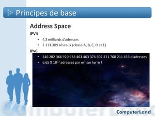 Principes de base
Address Space
IPV4
• 4,3 milliards d’adresses
• 2.113.389 réseaux (classe A, B, C, D et E)

IPv6
• 340 282 366 920 938 463 463 374 607 431 768 211 456 d’adresses
• 6,65 X 1023 adresses par m² sur terre !

 