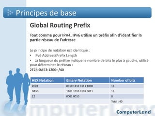 Principes de base
Global Routing Prefix
Tout comme pour IPV4, IPv6 utilise un préfix afin d’identifier la
partie réseau de l’adresse
Le principe de notation est identique :
• IPv6 Address/Prefix Length
• La longueur du préfixe indique le nombre de bits le plus à gauche, utilisé
pour déterminer le réseau :
2E78:DA53:1200::/40
HEX Notation

Binary Notation

Number of bits

2E78

0010 1110 0111 1000

16

DA53

1101 1010 0101 0011

16

12

0001 0010

8
Total : 40

 
