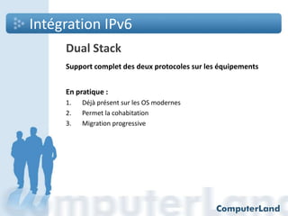 Intégration IPv6
Dual Stack
Support complet des deux protocoles sur les équipements
En pratique :
1.
2.
3.

Déjà présent sur les OS modernes
Permet la cohabitation
Migration progressive

 