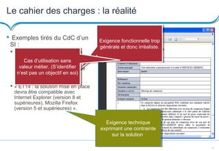 12
Le cahier des charges : la réalité
 Exemples tirés du CdC d’un
SI :
 « ET11 : le SI doit permettre le
stockage, le traitement et
l’affichage de documents
bureautique dont les formats de
fichiers et d’encodage sont
normalisés ».
 « ET14 : la solution mise en place
devra être compatible avec
Internet Explorer (version 8 et
supérieures), Mozilla Firefox
(version 5 et supérieures) ».
Exigence fonctionnelle trop
générale et donc irréaliste.
Exigence fonctionnelle trop
générale et donc irréaliste.
Exigence technique
exprimant une contrainte
sur la solution.
Exigence technique
exprimant une contrainte
sur la solution.
Cas d’utilisation sans
valeur métier. (S’identifier
n’est pas un objectif en soi)
Cas d’utilisation sans
valeur métier. (S’identifier
n’est pas un objectif en soi)
 