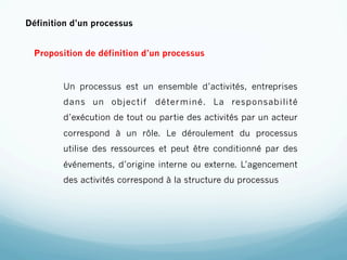 Définition d’un processus


  Proposition de définition d’un processus


        Un processus est un ensemble d’activités, entreprises
        dans un objectif      déter miné. La responsabilité
        d’exécution de tout ou partie des activités par un acteur
        correspond à un rôle. Le déroulement du processus
        utilise des ressources et peut être conditionné par des
        événements, d’origine interne ou externe. L’agencement
        des activités correspond à la structure du processus
 