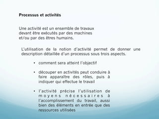 Processus et activités


Une activité est un ensemble de travaux
devant être exécutés par des machines
et/ou par des êtres humains.

 L’utilisation de la notion d’activité permet de donner une
 description détaillée d’un processus sous trois aspects.

       •  comment sera atteint l’objectif

       •  découper en activités peut conduire à
          faire apparaître des rôles, puis à
          indiquer qui effectue le travail

       •  l’activité précise l’utilisation de
          moyens nécessaires à
          l’accomplissement du travail, aussi
          bien des éléments en entrée que des
          ressources utilisées
 