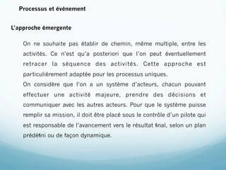 Processus et événement


L’approche émergente

    On ne souhaite pas établir de chemin, même multiple, entre les
    activités. Ce n’est qu’a posteriori que l’on peut éventuellement
    retracer la séquence des activités. Cette approche est
    particulièrement adaptée pour les processus uniques.
    On considère que l’on a un système d’acteurs, chacun pouvant
    effectuer une activité majeure, prendre des décisions et
    communiquer avec les autres acteurs. Pour que le système puisse
    remplir sa mission, il doit être placé sous le contrôle d’un pilote qui
    est responsable de l’avancement vers le résultat ﬁnal, selon un plan
    prédéﬁni ou de façon dynamique.
 