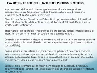 ÉVALUATION ET RECONFIGURATION DES PROCESSUS MÉTIERS

le processus existant est observé globalement dans son apport au
management et au fonctionnement de l’Organisation. Les dimensions
suivantes sont généralement examinées
Objectif : on évalue l’écart entre l’objectif du processus actuel, tel qu’il est
perçu et vécu par les différents acteurs, et l’objectif tel qu’il découle de la
stratégie de l’entreprise.
•
Importance : on apprécie l’importance du processus, actuellement et dans le
futur, aﬁn de porter un effort proportionné à sa modiﬁcation.
•
Contrôle : on examine le degré de contrôle que l’on a sur le processus existant,
notamment sur la possibilité de mesurer sa performance (volumes d’activité,
coûts, délais).
•
Connaissances : on estime l’importance et la pérennité des connaissances
mises en œuvre dans le processus existant et des savoir-faire acquis par les
acteurs. De façon plus large, le capital immatériel mis en jeu peut être évalué
comme décrit dans le cas présenté ci-après (cas Alko).
•
Succès : on s’interroge sur la façon dont on juge le succès du processus,
notamment dans l’avenir, car l’explicitation des critères de succès orientera la
re-conﬁguration
 