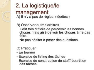 2. La logistique/le 
management 
A) Il n’y a pas de règles « écrites » 
B) Observer autres arbitres. 
Il est très difficile de percevoir les bonnes 
choses mais aisé de voir les choses à ne pas 
faire. 
Ne pas hésiter à poser des questions. 
C) Pratiquer : 
- En tournoi 
- Exercice de listing des tâches 
- Exercice de construction de staff/répartition 
des tâches 
 