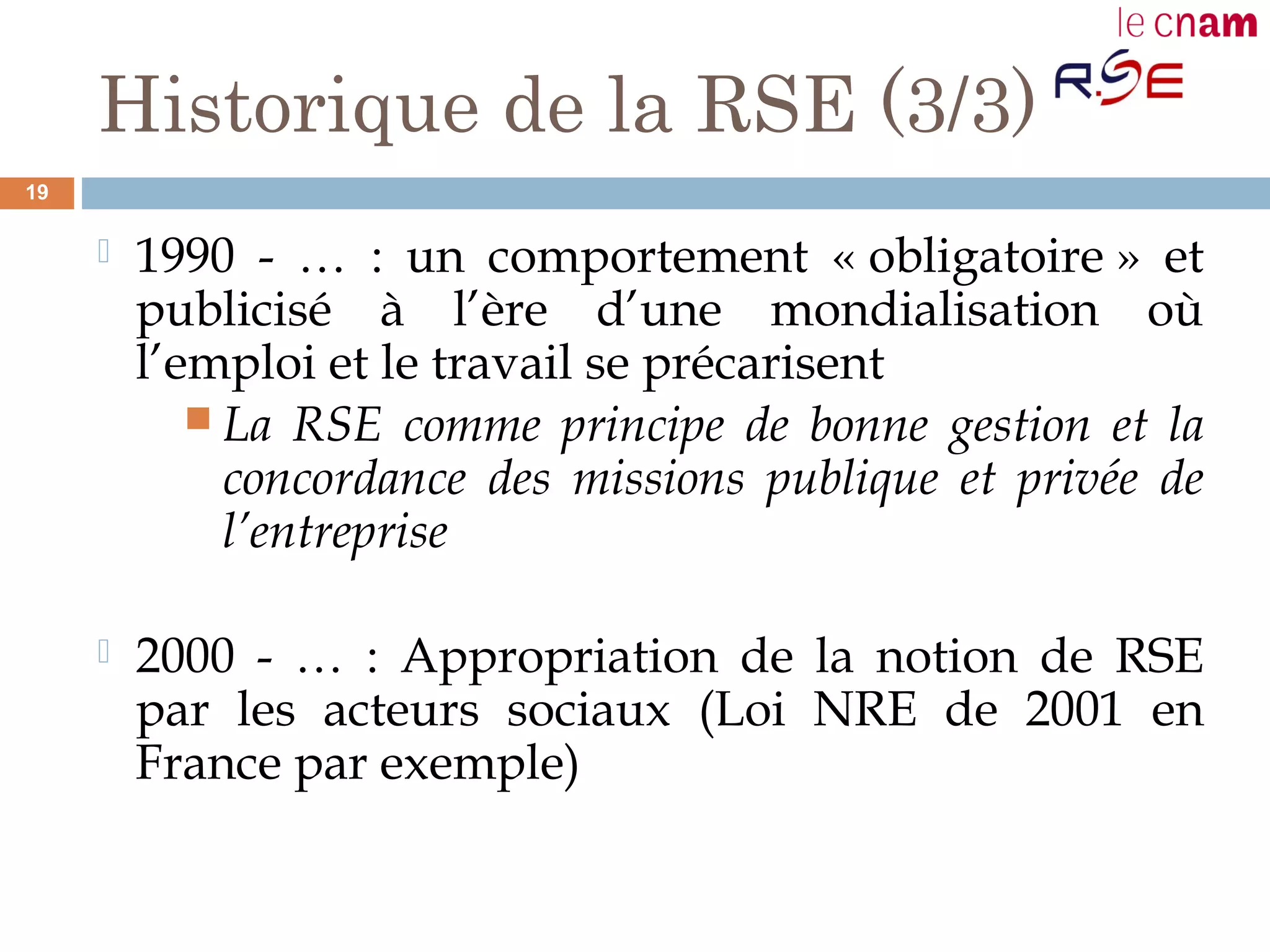Historique de la RSE (3/3)
 1990 - … : un comportement « obligatoire » et
publicisé à l’ère d’une mondialisation où
l’emploi et le travail se précarisent
 La RSE comme principe de bonne gestion et la
concordance des missions publique et privée de
l’entreprise
 2000 - … : Appropriation de la notion de RSE
par les acteurs sociaux (Loi NRE de 2001 en
France par exemple)
19
 