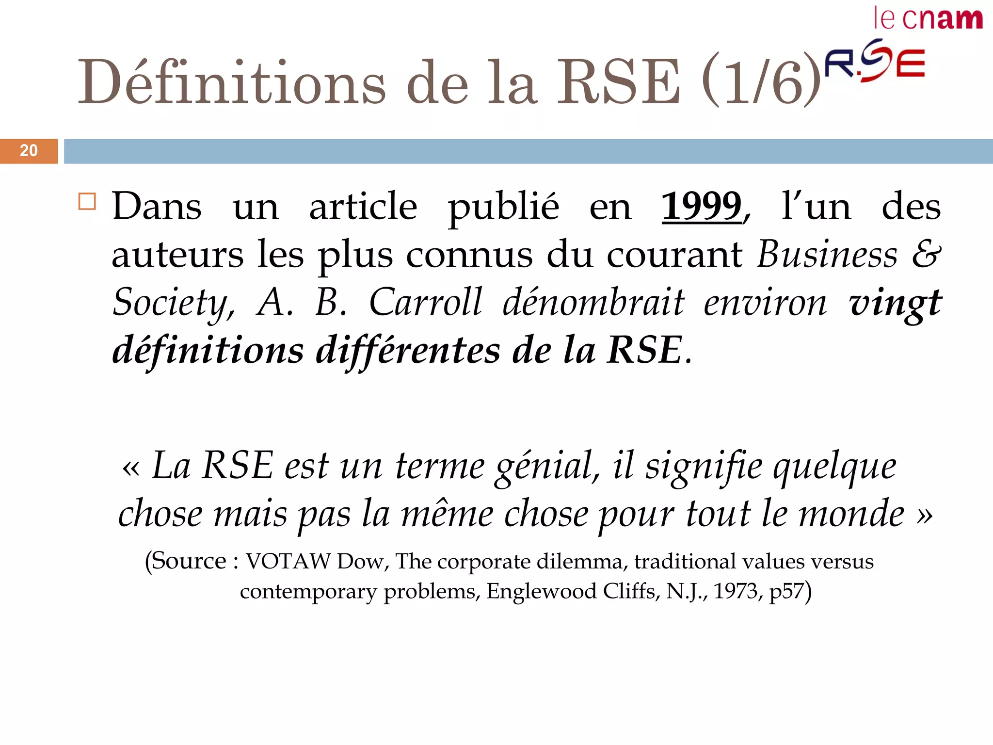 Définitions de la RSE (1/6)
 Dans un article publié en 1999, l’un des
auteurs les plus connus du courant Business &
Society, A. B. Carroll dénombrait environ vingt
définitions différentes de la RSE.
« La RSE est un terme génial, il signifie quelque
chose mais pas la même chose pour tout le monde »
(Source : VOTAW Dow, The corporate dilemma, traditional values versus
contemporary problems, Englewood Cliffs, N.J., 1973, p57)
20
 
