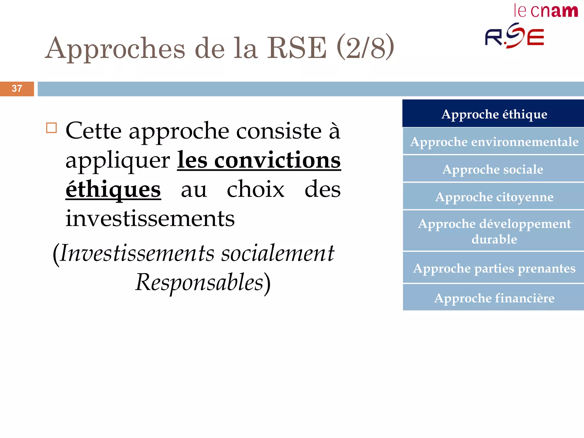 Approches de la RSE (2/8)
 Cette approche consiste à
appliquer les convictions
éthiques au choix des
investissements
(Investissements socialement
Responsables)
Approche environnementale
Approche éthique
Approche sociale
Approche citoyenne
Approche développement
durable
Approche parties prenantes
Approche financière
37
 