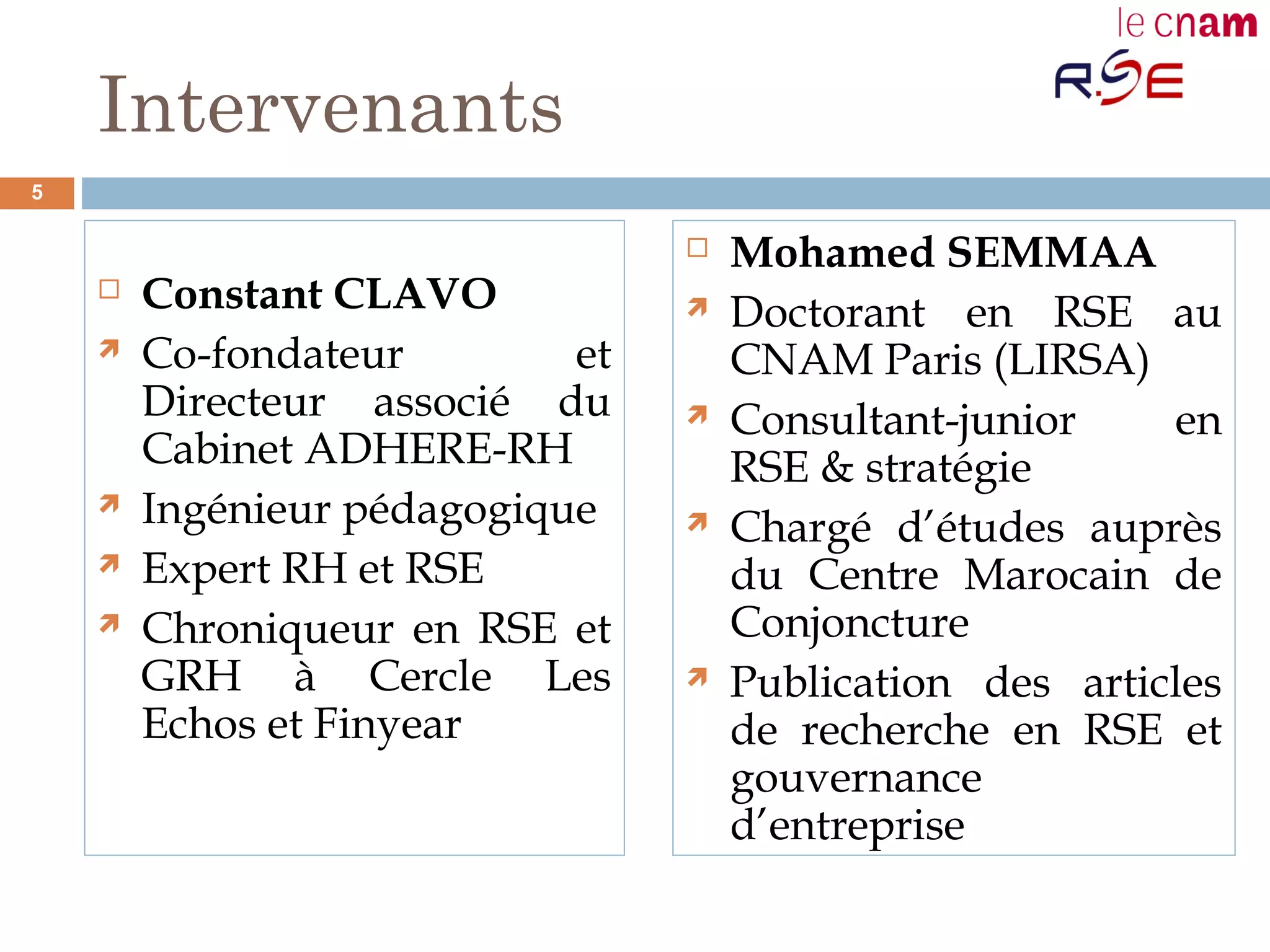 Intervenants
 Constant CLAVO
 Co-fondateur et
Directeur associé du
Cabinet ADHERE-RH
 Ingénieur pédagogique
 Expert RH et RSE
 Chroniqueur en RSE et
GRH à Cercle Les
Echos et Finyear
 Mohamed SEMMAA
 Doctorant en RSE au
CNAM Paris (LIRSA)
 Consultant-junior en
RSE & stratégie
 Chargé d’études auprès
du Centre Marocain de
Conjoncture
 Publication des articles
de recherche en RSE et
gouvernance
d’entreprise
5
 