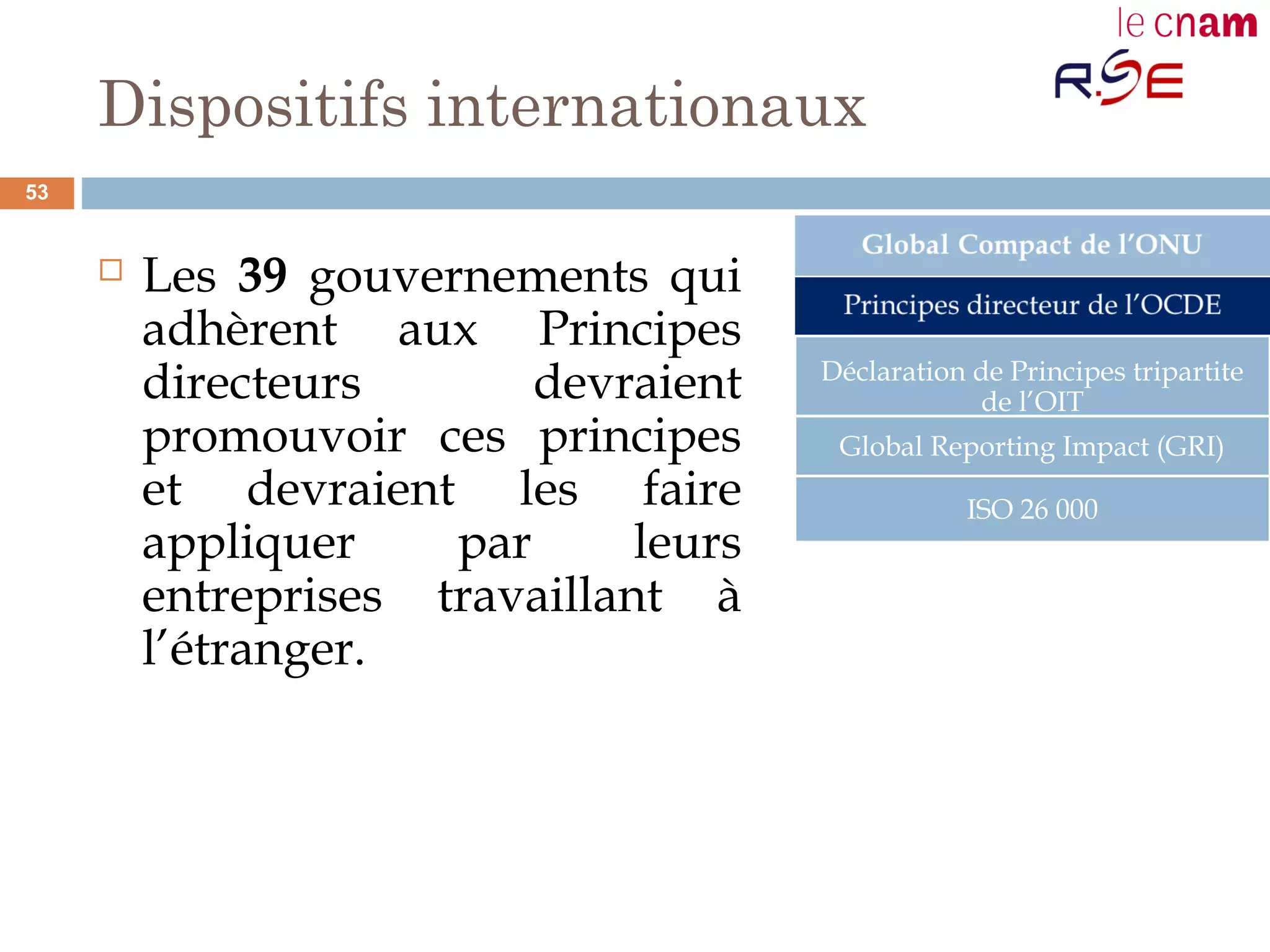 Dispositifs internationaux
 Les 39 gouvernements qui
adhèrent aux Principes
directeurs devraient
promouvoir ces principes
et devraient les faire
appliquer par leurs
entreprises travaillant à
l’étranger.
Déclaration de Principes tripartite
de l’OIT
Global Reporting Impact (GRI)
ISO 26 000
53
 