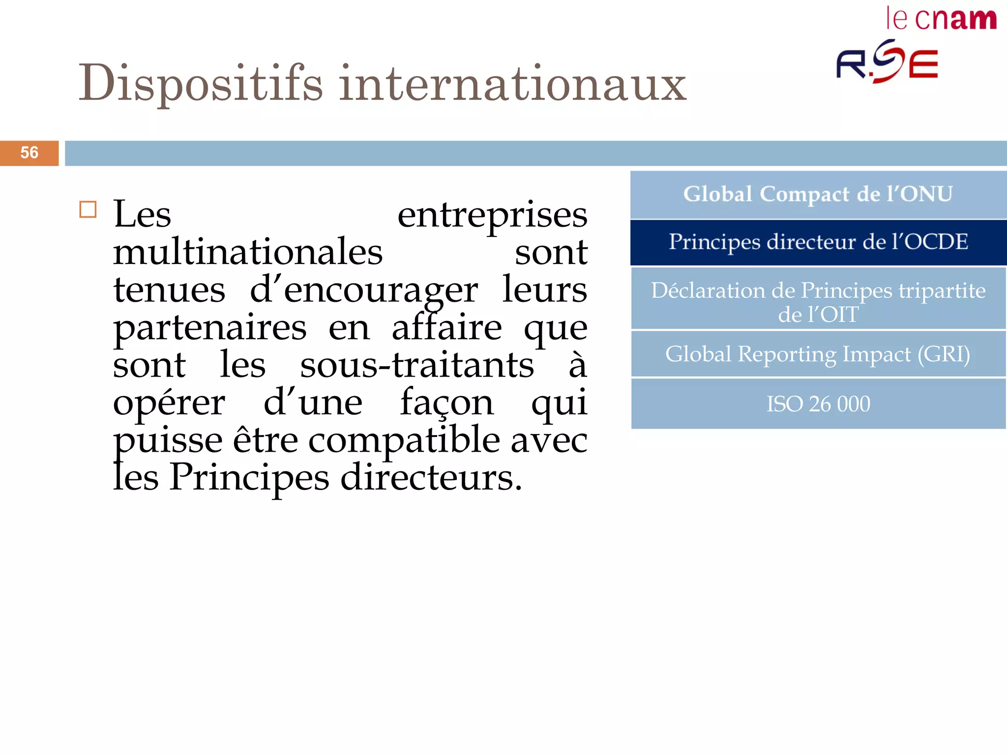 Dispositifs internationaux
 Les entreprises
multinationales sont
tenues d’encourager leurs
partenaires en affaire que
sont les sous-traitants à
opérer d’une façon qui
puisse être compatible avec
les Principes directeurs.
Déclaration de Principes tripartite
de l’OIT
Global Reporting Impact (GRI)
ISO 26 000
56
 