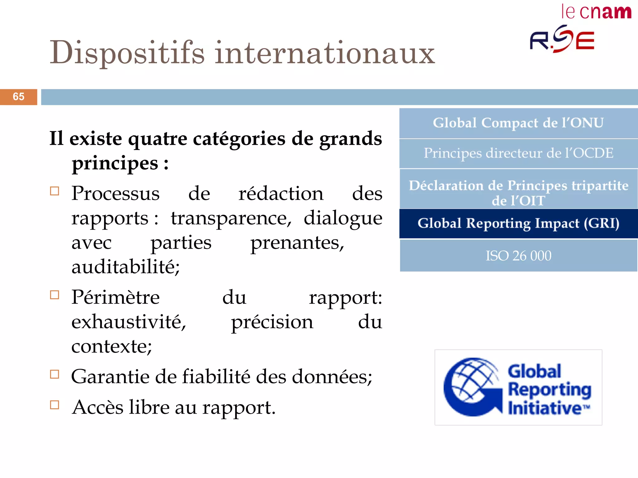Dispositifs internationaux
Il existe quatre catégories de grands
principes :
 Processus de rédaction des
rapports : transparence, dialogue
avec parties prenantes,
auditabilité;
 Périmètre du rapport:
exhaustivité, précision du
contexte;
 Garantie de fiabilité des données;
 Accès libre au rapport.
ISO 26 000
65
 