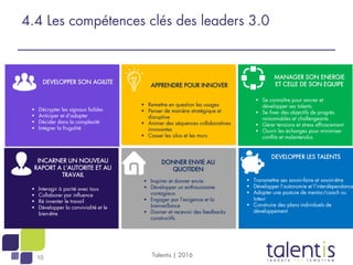 10
4.4 Les compétences clés des leaders 3.0
DEVELOPPER SON AGILITE
APPRENDRE POUR INNOVER
MANAGER SON ENERGIE
ET CELLE DE ...