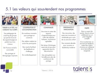 12
5.1 Les valeurs qui sous-tendent nos programmes
PARLER A LA TETE, AU
COEUR ET AU CORPS
Une pédagogie de
coaching de gro...