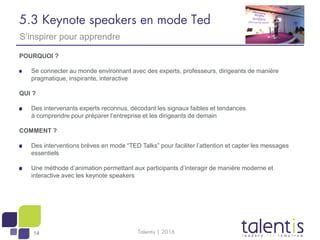 14
5.3 Keynote speakers en mode Ted
POURQUOI ?
Se connecter au monde environnant avec des experts, professeurs, dirigeants...