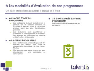 19
6 Les modalités d’évaluation de nos programmes
A CHAQUE ÉTAPE DU
PROGRAMME
Les participants évaluent collectivement le
...