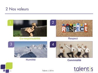 4
1 2
3 4
2 Nos valeurs
Co-responsabilité Respect
Humilité Convivialité
Talentis | 2016
 