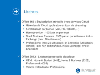 Licences
 Office 365 : Souscription annuelle avec services Cloud





Géré dans le Cloud, application en local via streaming
5 installations par licence (Mac, PC, Tablette,…)
Home premium : 100$ par an par foyer
Small Business Premium : 150$ par an par utilisateur, inclus
Exchange (max. 10 utilisateurs)
 Professionnel (max 25 utilisateurs) et Entreprise (utilisateurs
illimités) : prix non communiqué, inclus Exchange, lync et
Sharepoint

 Office 2013 : Licence perpétuelle classique
 OEM : Home & Student (140$), Home & Business (220$),
Professional (400$)
 Volume : Standard et Professionnel

 