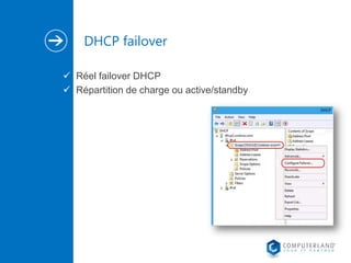 DHCP failover
 Réel failover DHCP
 Répartition de charge ou active/standby

 