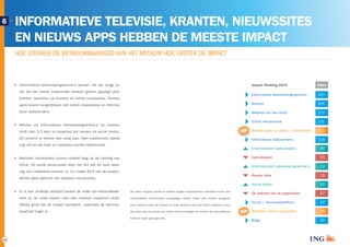 11 
INFORMATIEVE TELEVISIE, KRANTEN, NIEUWSSITES 
EN NIEUWS APPS HEBBEN DE MEESTE IMPACT 
HOE STERKER DE BETROUWBAARHEID VAN HET MEDIUM HOE GROTER DE IMPACT 
6 
Informatieve televisieprogramma’s worden net als vorige ja-ren 
als het meest impactvolle medium gezien, gevolgd door 
kranten, websites van kranten en online nieuws­sites. 
Nieuws 
apps scoren vergelijkbaar met online nieuwssites en informa-tieve 
radiozenders. 
Nieuws via informatieve televisieprogramma’s en kranten 
vindt men 3,5 keer zo impactvol als nieuws via social media. 
Dit verschil is kleiner dan vorig jaar, toen traditionele media 
nog vijf tot zes keer zo impactvol werden beschouwd. 
Besloten nieuwssites scoren relatief laag op de ranking van 
2014. Dit wordt veroorzaakt door het feit dat dit voor velen 
nog een onbekend medium is. Zo maakt 91% van de respon-denten 
geen gebruik van besloten nieuwssites. 
Er is een duidelijk verband tussen de mate van betrouwbaar-heid 
en de mate waarin men een medium impactvol vindt. 
Hierbij geldt dat de impact toeneemt, naarmate de betrouw-baarheid 
hoger is. 
Om deze ranglijst samen te stellen kregen respondenten meerdere keren drie 
verschillende mediumtypen voorgelegd. Hierbij moest men steeds aangeven 
welk medium men het meest en welk medium men het minst impactvol vond. 
Op basis hiervan wordt een index score verkregen en worden de verschillende 
medium typen gerangschikt. 
INFORMATIEVE TELEVISIE, KRANTEN, NIEUWSSITES EN 
NIEUWS APPS HEBBEN DE MEESTE IMPACT 
6 
Informatieve televisieprogramma’s 
Kranten 
Website van een krant 
Online nieuwssites 
Nieuws apps op tablet / smartphone 
Informatieve radiozenders 
Entertainment radiozenders 
Opiniebladen 
Entertainment televisieprogramma’s 
Review sites 
Social media 
De website van de organisatie 
Forum / discussieplatform 
Besloten online nieuwssites 
Blogs 
227 
Impact Ranking 2014 
Index 
205 
172 
131 
121 
118 
89 
75 
72 
70 
62 
57 
52 
30 
20 
NIEUW 
NIEUW 
 
