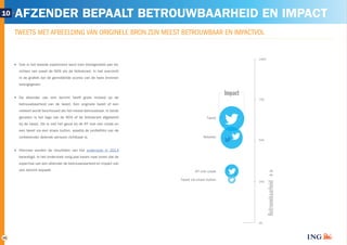 16 
AFZENDER BEPAALT BETROUWBAARHEID EN IMPACT 
TWEETS MET AFBEELDING VAN ORIGINELE BRON ZIJN MEEST BETROUWBAAR EN IMPACTVOL 
Ook in het tweede experiment werd men blootgesteld aan be-richten 
van zowel de NOS als de Volkskrant. In het overzicht 
in de grafiek zijn de gemiddelde scores van de twee bronnen 
weergegeven. 
De afzender van een bericht heeft grote invloed op de 
betrouwbaarheid van de tweet. Een originele tweet of een 
retweet wordt beschouwd als het meest betrouwbaar. In beide 
gevallen is het logo van de NOS of de Volkskrant afgebeeld 
bij de tweet. Dit is niet het geval bij de RT met een citaat en 
een tweet via een share button, waarbij de profielfoto van de 
(onbekende) delende persoon zichtbaar is. 
Hiermee worden de resultaten van het onderzoek in 2013 
bevestigd. In het onderzoek vorig jaar kwam naar voren dat de 
expertise van een afzender de betrouwbaarheid en impact van 
een bericht bepaalt. 
10 
AFZENDER BEPAALT 
BETROUWBAARHEID EN IMPACT 
10 
100% 
75% 
50% 
25% 
0% 
Betrouwbaarheid 
Tweet 
Retweet 
RT met citaat 
Tweet via share button 
Impact 
‘ ‘ 
 