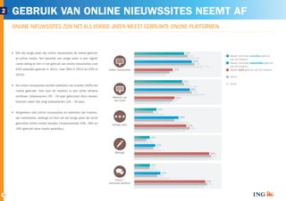 7 
GEBRUIK VAN ONLINE NIEUWSSITES NEEMT AF 
ONLINE NIEUWSSITES ZIJN NET ALS VORIGE JAREN MEEST GEBRUIKTE ONLINE PLATFORMEN. 
Net als vorige jaren zijn online nieuwssites de meest gebruik-te 
online media. Ten opzichte van vorige jaren is een signifi-cante 
daling te zien in het gebruik van online nieuwssites (van 
63% wekelijks gebruik in 2012, naar 56% in 2013 en 52% in 
2014). 
Na online nieuwssites worden websites van kranten (50%) het 
meest gebruikt. Ook voor dit medium is een lichte afname 
zichtbaar. Volwassenen (35 – 54 jaar) gebruiken deze nieuws-bronnen 
vaker dan jong volwassenen (18 – 34 jaar). 
Vergeleken met online nieuwssites en websites van kranten, 
zijn reviewsites, weblogs en fora net als vorige jaren de minst 
gebruikte online media kanalen (respectievelijk 23%, 16% en 
16% gebruikt deze media wekelijks). 
2 
ZIEN TEN OPZICHTE VAN 2012. 
GEBRUIK VAN ONLINE NIEUWSSITES NEEMT AF. 
ONLINE NIEUWSSITES ZIJN NET ALS VORIGE JAREN MEEST GEBRUIKTE ONLINE PLATFORMEN. 
2 
Maakt minimaal wekelijks gebruik 
van dit medium 
Maakt minimaal maandelijks gebruik 
van dit medium 
Maakt nooit gebruik van dit medium 
2013 
2012 
Maakt minimaal wekelijks gebruik 
van dit medium 
Maakt minimaal maandelijks gebruik 
van dit medium 
Maakt nooit gebruik van dit medium 
2013 
2012 
52% 
56% 
63% 
60% 
63% 
72% 
40% 
37% 
28% 
23% 
20% 
26% 
46% 
42% 
52% 
54% 
58% 
48% 
16% 
13% 
15% 
22% 
20% 
23% 
78% 
80% 
77% 
16% 
16% 
21% 
27% 
24% 
32% 
74% 
76% 
68% 
50% 
52% 
60% 
58% 
60% 
68% 
42% 
40% 
32% 
Online nieuwssites 
Website van 
een krant 
Review sites 
Weblogs 
Forum / 
discussie platform 
 