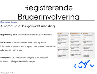 Registrerende
Brugerinvolvering
                         Brugerinvolvering
Automatiseret brugerskabt udvikling

Registrering - fordi systemet registrerer brugeradfærden


Konsultation - fordi indholdet stilles til rådighed af
informationscentret, mens brugeren selv vælger, hvornår det
udvalgte indhold tilgås


Emergens - fordi netværk af brugere, uafhængigt af
hinanden bidrager til et samlet output.
                                                               Au/
                                                              CUDim
Thursday, March 14, 13
 