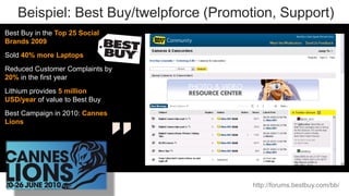Beispiel: Best Buy/twelpforce (Promotion, Support)
Best Buy in the Top 25 Social
Brands 2009
Sold 40% more Laptops
Reduced Customer Complaints by
  Business to Consumer
20% in Retailer year
  Tech
       the first
Lithium provides 5 million
USD/year of value to Best Buy
Best Campaign in 2010: Cannes
Lions




                                        http://forums.bestbuy.com/bb/
 