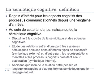 La sémiotique cognitive: définitionRegain d'intérêt pour les aspects cognitifs des processus communicationnels depuis une vingtaine d'années.Au sein de cette tendance, naissance de la sémiotique cognitive.Discipline à la croisée de la sémiotique et des sciences cognitivesEtude des relations entre, d’une part, les systèmes sémiotiques articulés dans différents types de dispositifs (symbolique externe) et, d’autre part, les représentations mentales et les processus cognitifs présidant à leur élaboration (symbolique interne).Ancienne question de la relation entre pensée et langage, extrapolée à d'autres formes sémiotiques que le langage naturel.4