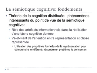 La sémiotique cognitive: fondementsThéorie de la cognition distribuée:  phénomènes intéressants du point de vue de la sémiotique cognitive:Rôle des artéfacts informationnels dans la réalisation d'une tâche cognitive donnéeVa-et-vient de l'attention entre représentation et chose représentéeUtilisation des propriétés formelles de la représentation pour comprendre le référent / résoudre un problème le concernant8