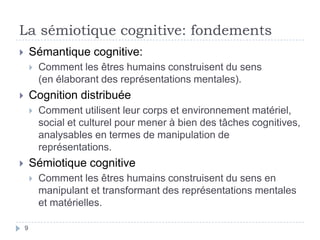 La sémiotique cognitive: fondementsSémantique cognitive:Comment les êtres humains construisent du sens (en élaborant des représentations mentales).Cognition distribuéeComment utilisent leur corps et environnement matériel, social et culturel pour mener à bien des tâches cognitives, analysables en termes de manipulation de représentations.Sémiotique cognitiveComment les êtres humains construisent du sens en manipulant et transformant des représentations mentales et matérielles.9