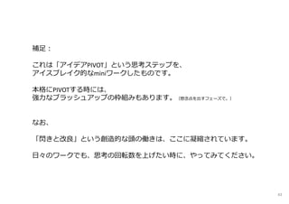 補⾜︓
これは「アイデアPIVOT」という思考ステップを、
アイスブレイク的なminiワークしたものです。
本格にPIVOTする時には、
強⼒なブラッシュアップの枠組みもあります。（懸念点を出すフェーズで。）
なお、
「閃きと改良」という創造的な頭の働きは、ここに凝縮されています。
日々のワークでも、思考の回転数を上げたい時に、やってみてください。
43
 