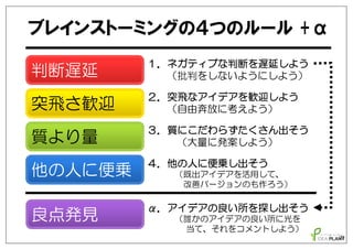 突飛さ歓迎
質より量
他の人に便乗
ブレインストーミングの４つのルール +α
判断遅延
α．アイデアの良い所を探し出そう
（誰かのアイデアの良い所に光を
当て、それをコメントしよう）
良点発見
１．ネガティブな判断を遅延しよう
（批判をしないようにしよう）
２．突飛なアイデアを歓迎しよう
（自由奔放に考えよう）
３．質にこだわらずたくさん出そう
（大量に発案しよう）
４．他の人に便乗し出そう
（既出アイデアを活用して、
改善バージョンのも作ろう）
72
 