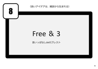 8
Free ＆ 3
言いっぱなしOKのブレスト
（良いアイデアは、雑談から生まれる）
86
 
