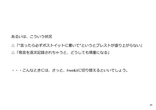 あるいは、こういう状況
△「“言ったら必ずポストイットに書いて“というとブレストが盛り上がらない」
△「発言を逐次記録されちゃうと、どうしても慎重になる」
・・・こんなときには、さっと、Free&3に切り替えるといいでしょう。
90
 